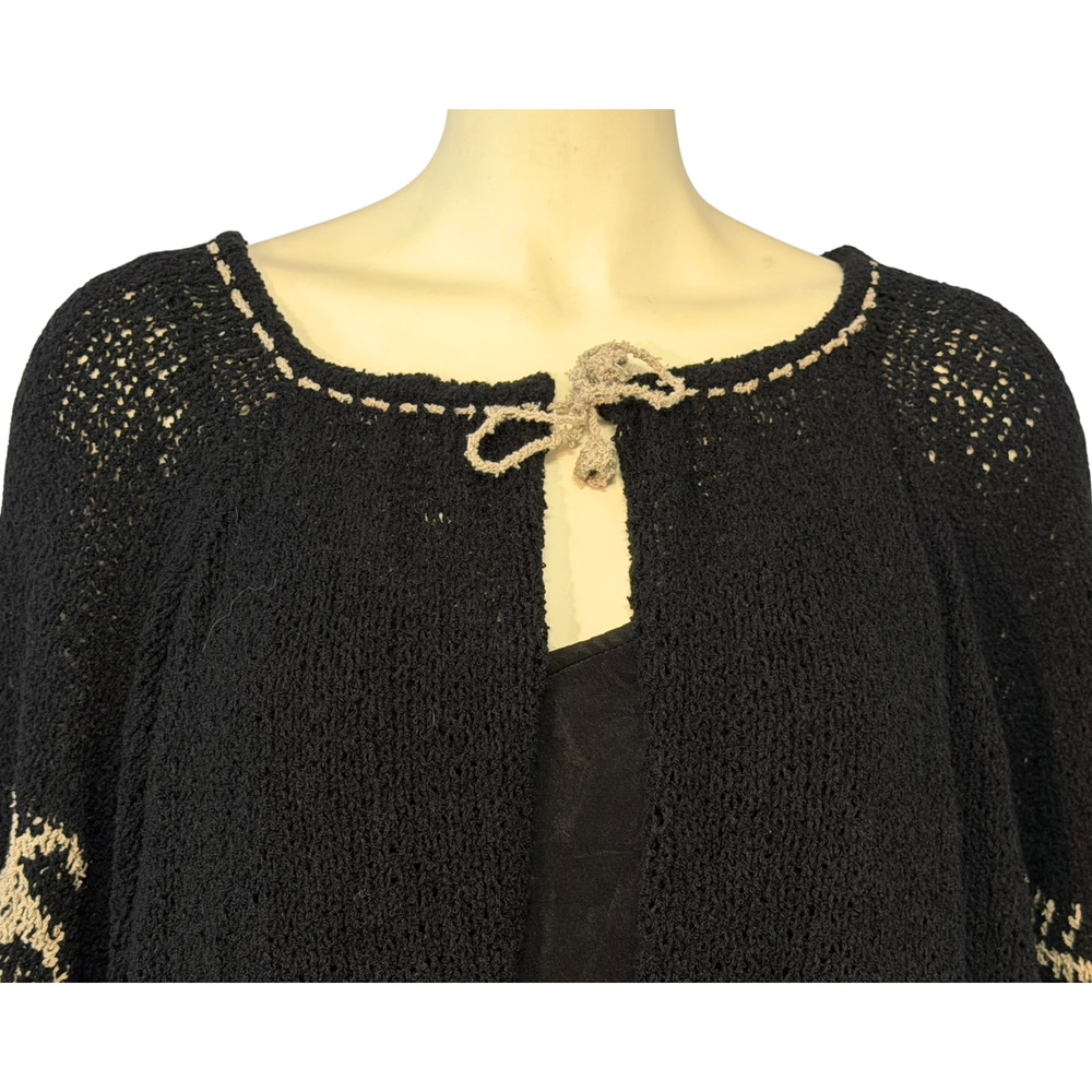 Amano One Size Folk Style Tie-Front Cardigan Black Open Knit Made in Bolivia New - Picture 5 of 10